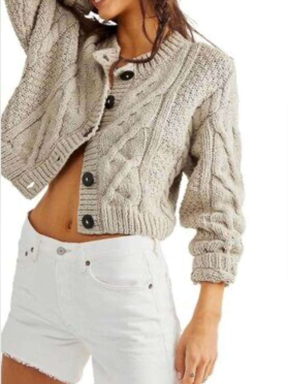 Free People Bonfire Cropped Cable-Knit Button Cardigan - Cream